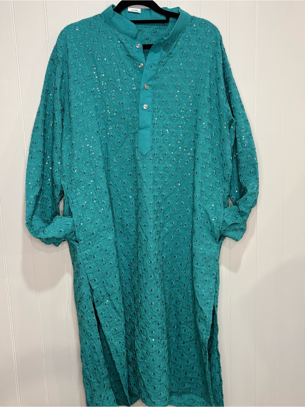 Turquoise Embroidered Sequin Cotton Tunic Dress Boho  Coastal Cottagecore
